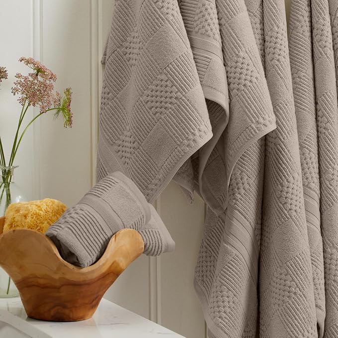 100% Cotton Bath Towel Set | 4-Pack | Textured | Brown | Luxury Geometric Design | Absorbent & Quick-Dry Bathroom Towels | Textured and Durable Cotton Towels for Bathroom | OEKO-TEX