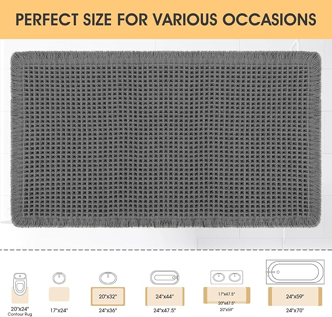 Waffle Bath Mat Grey 36"x24", Boho Woven Modern Bath Mat Rugs, Absorbent Non Slip Bathroom Rugs, Soft Washable Bath Rugs with Tassels for Bathroom, Bedroom, Kitchen, Shower, Tub