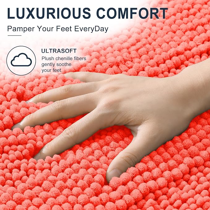 Smiry Thick Chenille Bathroom Runner Rugs 47x20, Absorbent Bath Mat, Coral | Quick‑Dry & Machine Washable, Non‑Slip Bath Carpet, Soft Striped Bath Rugs for Tub & Shower, Modern Home Decor Accessories