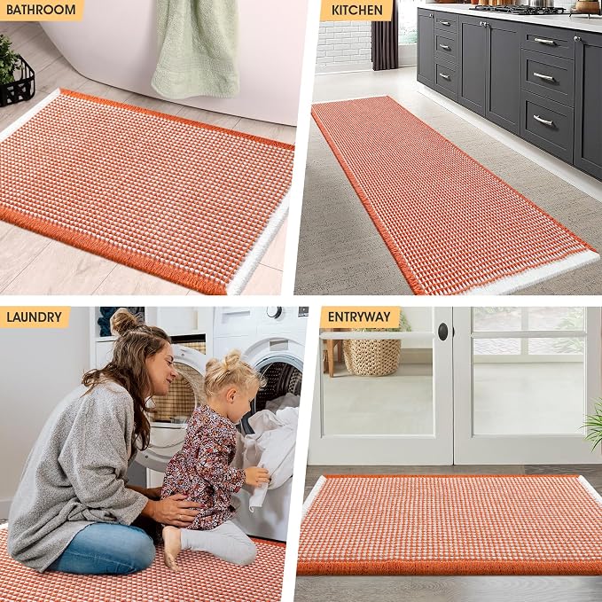 Waffle Bath Mat Set 2 Piece Orange & Cream,Woven Modern Bath Rug Mats, Absorbent Non Slip Bath Floor Mat, Soft Washable Boho Bath Rugs with Tassels for Bathroom, Bedroom, Kitchen,Tub