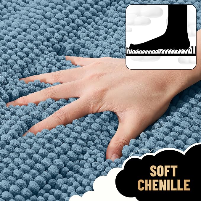 OLANLY Thick Toilet Rugs U-Shaped 24x20, Soft Chenille Bath Mat, Airy Blue | Extra Absorbent Striped Contour Bathroom Rugs for Toilet, Dry Quickly, Machine Washable, Non-Slip