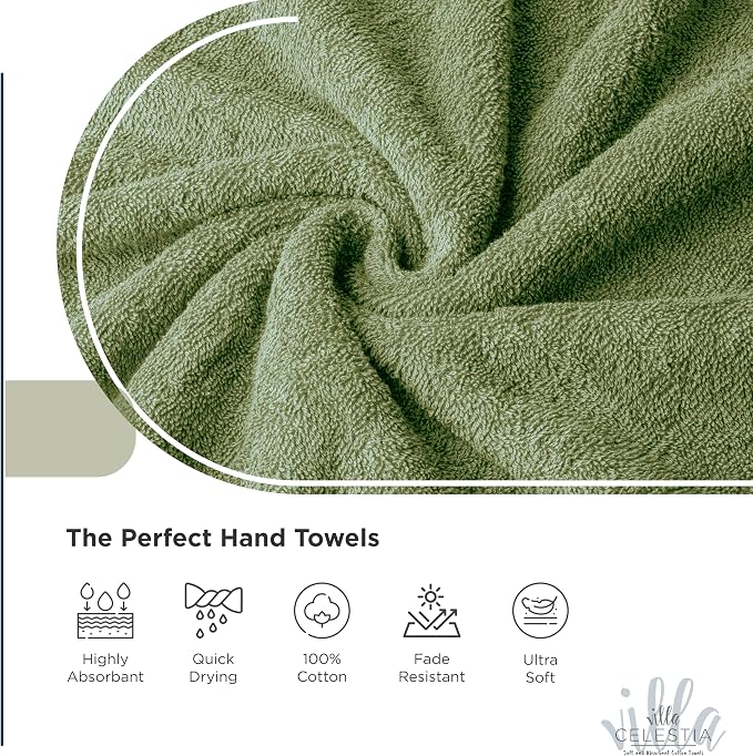Villa Celestia 12-Piece 100% Cotton Towel Set, 4 Bath Towels, 4 Hand Towels, 4 Wash Cloth, Quick-Dry, Sage