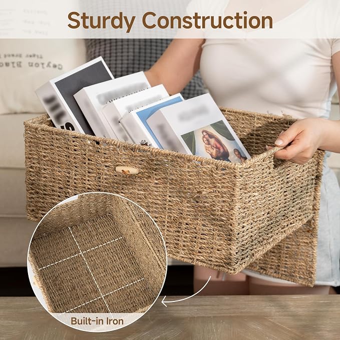 StorageWorks Wicker Storage Baskets for Shelves, Large Basket with Lid | Woven Baskets with Lids for Shelves, Wicker Storage Baskets with Lids, Decorative Box, Lidded Baskets for Organizing, 1 Pack