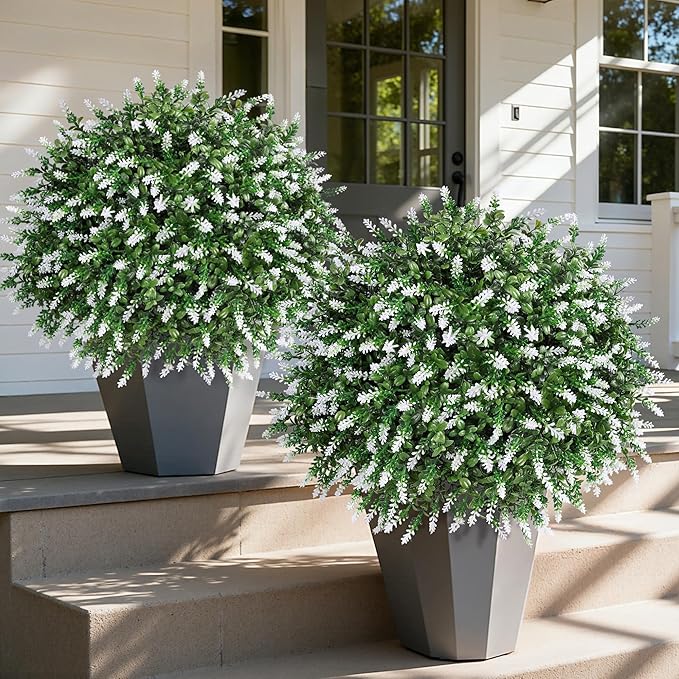 26'' Artificial Topiary Boxwood Ball Trees with Lavender 2 Pack Fake Plants for Outdoor Indoor Artificial Shrubs with Ground Spike UV Resistant Fake Bushes for Front Porch Garden (White)