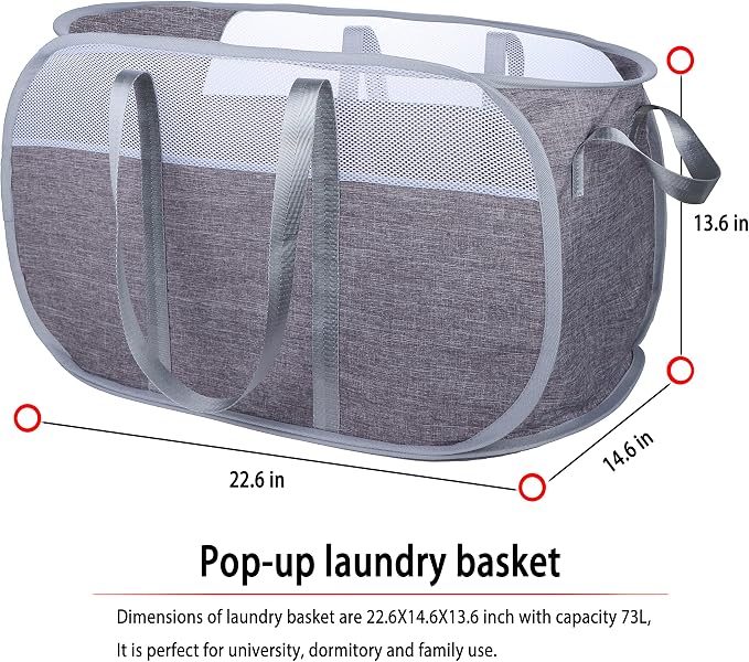 Pop Up Laundry Hamper，with Durable Handles collapsible laundry basket，Easy to Open and Fold for college Dorm,kids room，travel (Gray)…