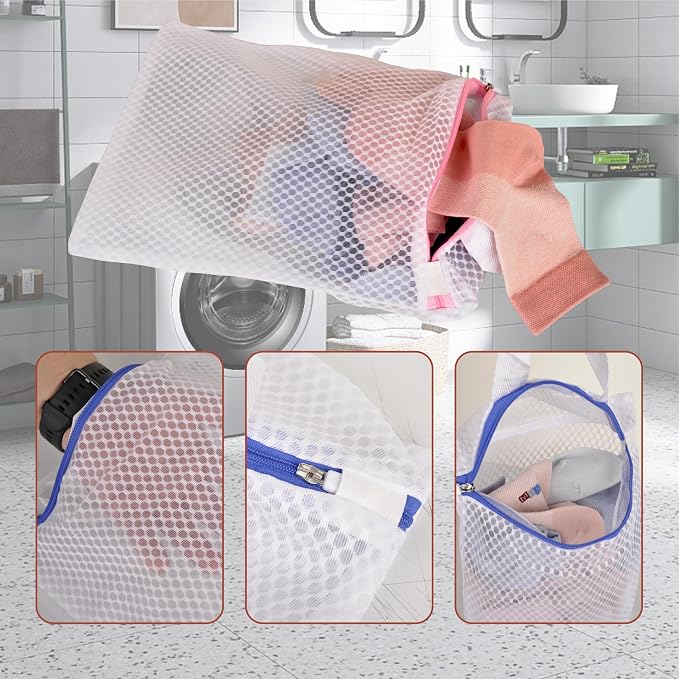 3-Pack Hanging Mesh Laundry Bags with S Hooks, 12x10 Inch | Durable mesh, rustproof S hooks. 3 colors. For socks, delicates, toys, balls. Machine wash. Travel, dorms, sports.