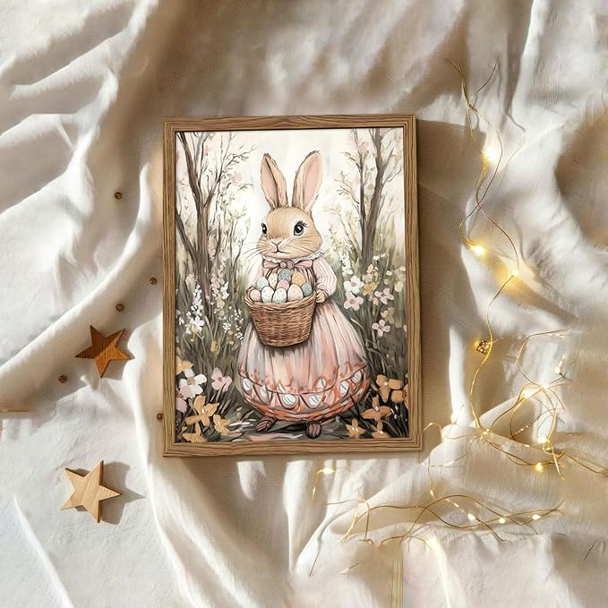 Easter Bunny Canvas Wall Art, Rabbit & Egg Basket Poster Prints, Farmhouse Style Holiday Wall Decor, Vintage Rustic Home Artwork for Kids Room Bedroom Living Room 12x16 inch Unframed