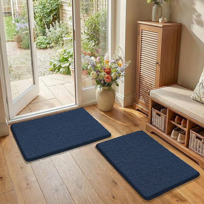 Bcoimo Bath Rug Mat Set, 2 Piece Thick Absorbent Chenille Bathroom Mat Navy | Non Slip with Rubber Backing Bathroom Rugs set; Machine Washable;Extra Soft Bath Rug;High Absorbent、Quick Dry Microfiber mat