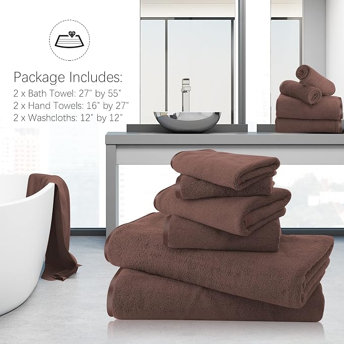 TENSTARS Luxury Silk Hemming Towel Set - Light Thin Quick Drying - 2 Bath Towels 2 Hand Towels 2 Washcloths - Ultra Soft Microfiber Towel for Bath Fitness, Sports, Yoga, Travel (Wood Brown 6 Pieces)