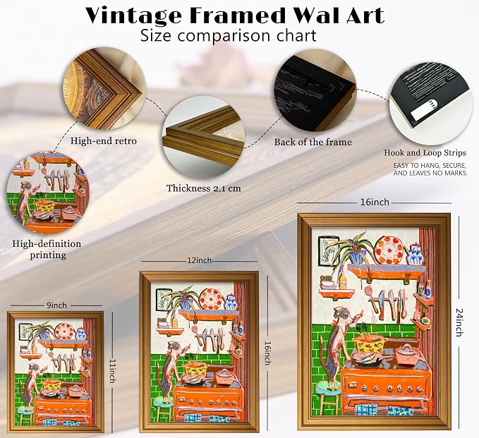 Vintage Gold Framed Animal Kitchen Wall Art Funny Dog Cooking Food Picture Wall Decor Colorful Chef Poster Rustic Farmhouse Kitchen Painting Canvas Print Artwork for Dining Room Restaurant Kids Room