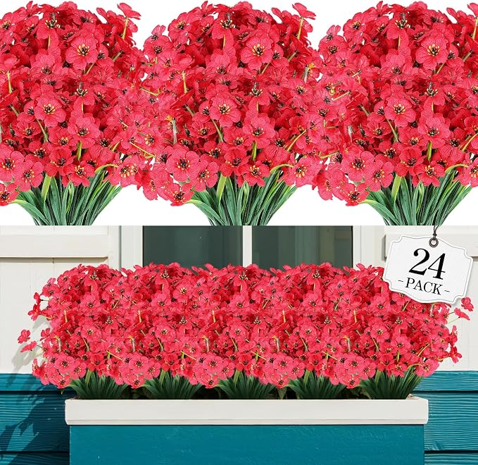 AGIRL Artificial Flowers Outdoor UV Resistant Fake Plant Garden Patio Decor | 24 Bundles,No Fade Plastic Faux Flowers for Hanging Planters front porch yard Indoor Outside,grave decorations for cemetery