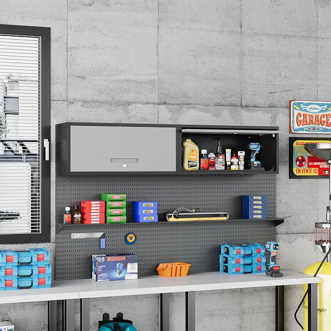 Fesbos Metal Storage Cabinet Black&Gray Wall Cabinets with Locking Door - Wall Mounted Storage Cabinet for Garage Warehouse Home Office - Assembly Required