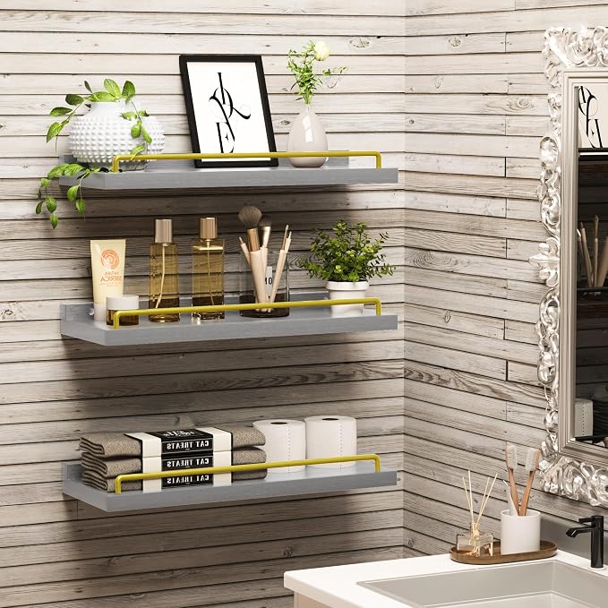 RYOFOBETTO Floating Shelves for Wall Decor, Grey and Gold Shelves for Bathroom, Living Room, Bedroom, Picture Frames, Plants, Kitchen (Set of 3)