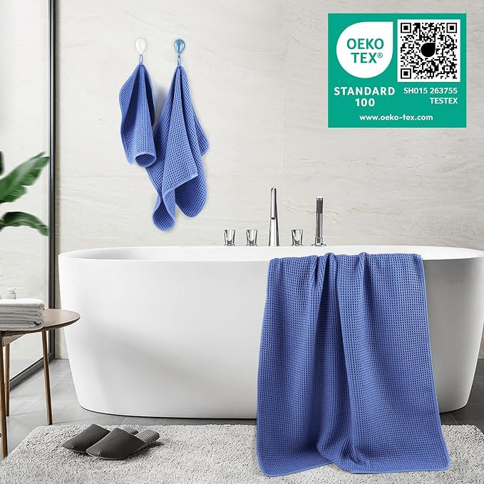 POLYTE 430 GSM Poly Blend Microfiber Quick Dry Waffle Bath Towel Set of 6 | 2-Body Towels, 2-Hand Towels, 2-Wash cloths, Oversize, Lint Free