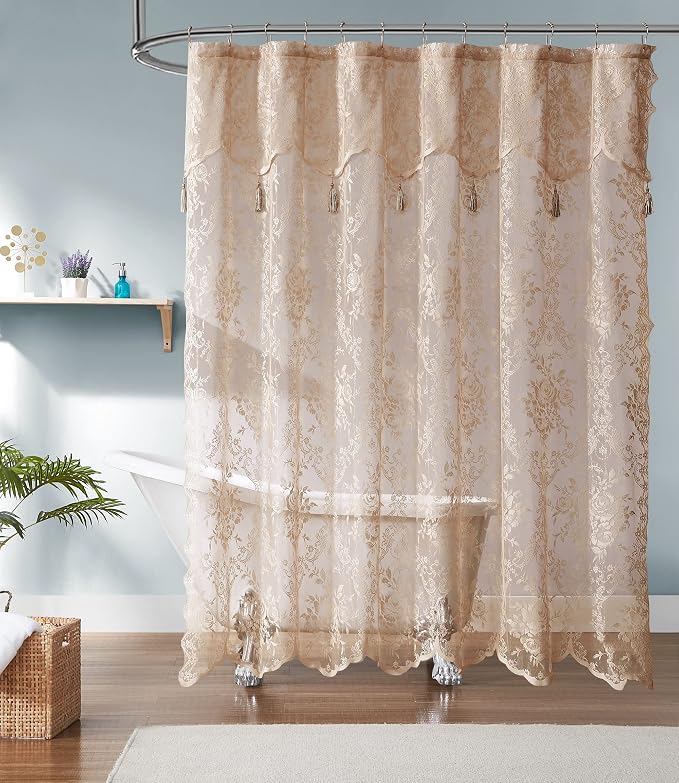 Warm Home Designs 108x72 Gold Lace Shower Curtain & Valance. LAU Linen 108 | Linen Gold Lace Shower Curtain 108 x 72 Inches with Attached Valance & Tassels. Extra Wide Luxury Farmhouse Shower Curtains