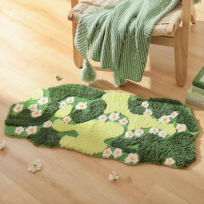 YIKUSH Moss Rug, Cute Green Plant Bath Mat with White Flowers, 43x20 Inch | Bathroom Decor Aesthetic, Soft Absorbent, Quick Dry, Machine Washable, Non Slip Bath Mat for Bedroom Shower Floor Home Decor