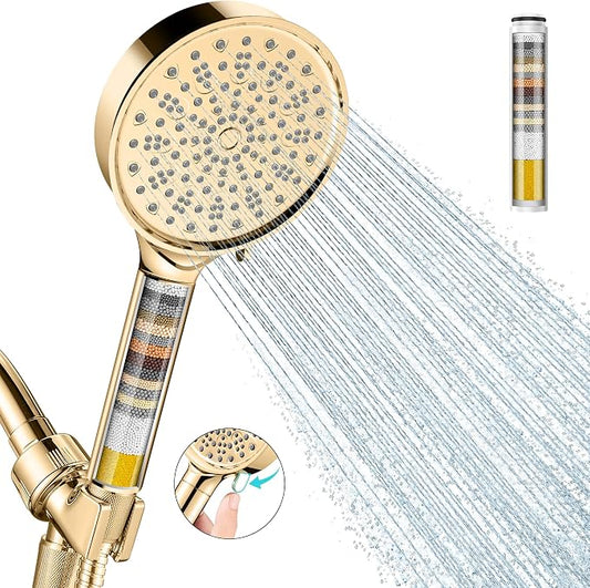 Cobbe Filtered Shower Head with Handheld, High Pressure 6 Spray Mode Showerhead with Filters, Water Softener Filters Beads for Hard Water - Remove Chlorine - Reduces Dry Itchy Skin, Egyptian Gold | High Pressure 6 Spray Mode Shower Head with Filters - ...