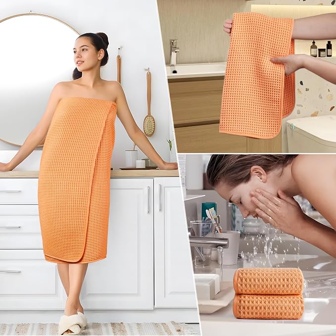 POLYTE 430 GSM Poly Blend Microfiber Quick Dry Waffle Bath Towel Set of 6 | 2-Body Towels, 2-Hand Towels, 2-Wash cloths, Oversize, Lint Free