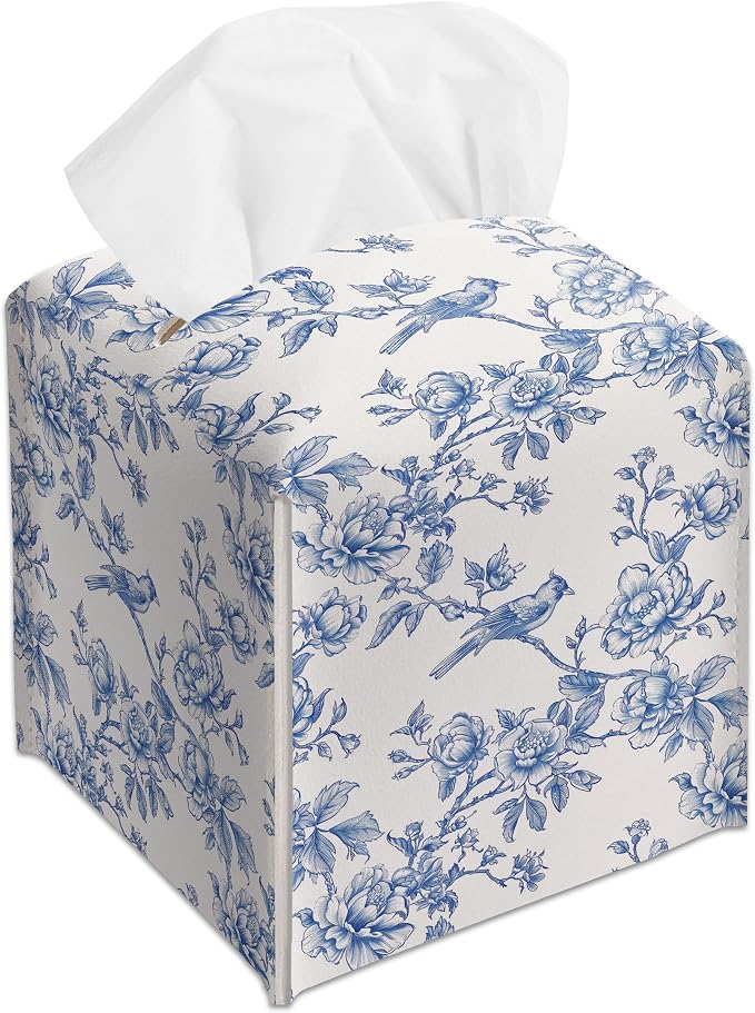 Blue Flower and Bird Decorative Square Leather Tissue Box Cover - Tissue Holder Gifts for Women and Friends on Birthday Housewarming Home Decor Decorative for Bathroom Kitchen Office Car - A08