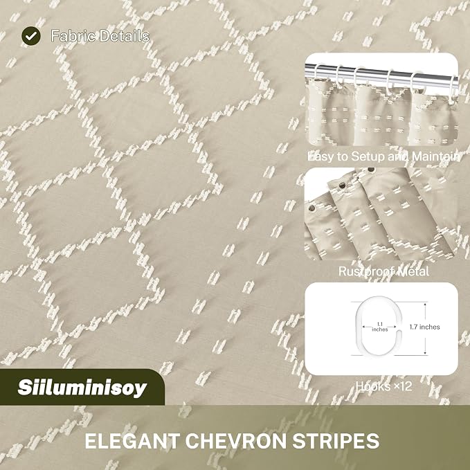 Siiluminisoy Extra Long Beige Boho Woven Fabric Cute 84 Inch Tufted Chevron Textured Striped Modern Farmhouse Minimalist Cloth Shower Curtain for Bathroom