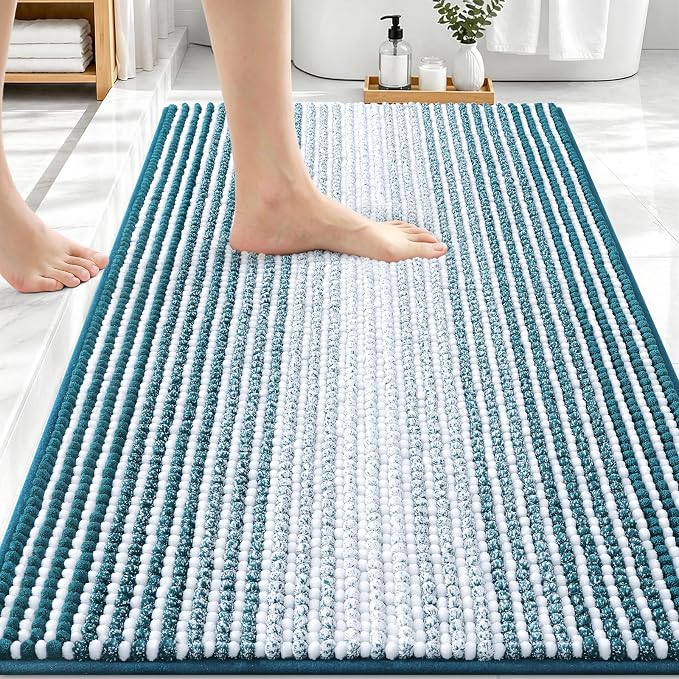 OLANLY Bathroom Rugs 30x20, Soft Chenille Striped Bath Rugs, Peacock Blue | Extra Absorbent, Rubber Backing, Machine Wash Dry, Bath Mats for Bathroom Floor, Tub and Shower, Home Decor Accessories