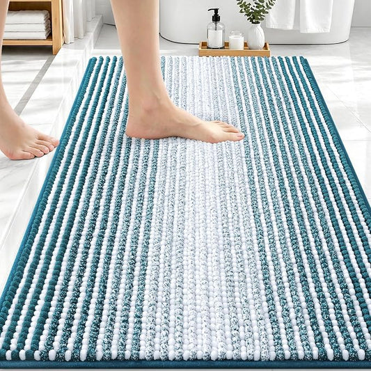 OLANLY Bathroom Rugs 30x20, Soft Chenille Striped Bath Rugs, Peacock Blue | Extra Absorbent, Rubber Backing, Machine Wash Dry, Bath Mats for Bathroom Floor, Tub and Shower, Home Decor Accessories