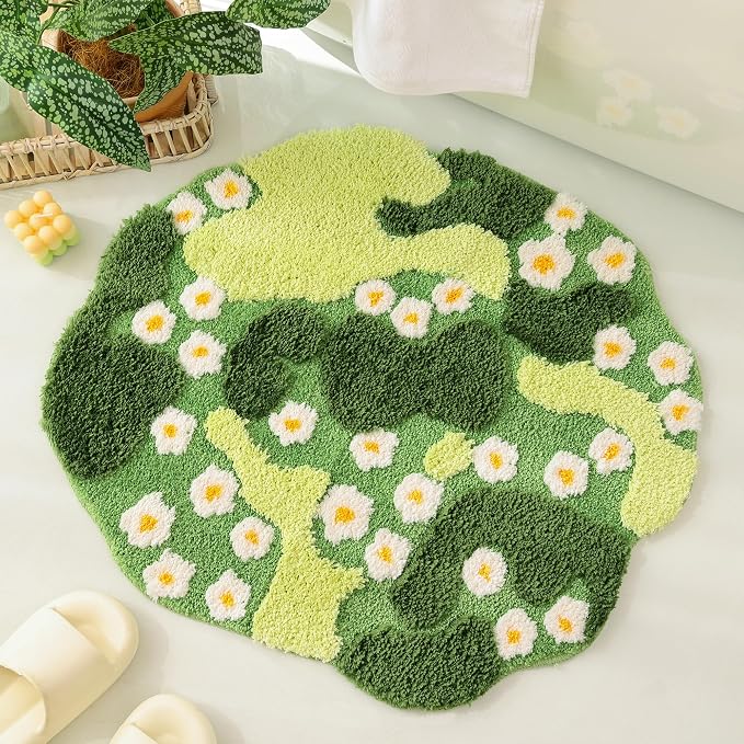 YIKUSH Moss Rug, Cute Green Plant Bath Mat with White Flowers, 29x26 Inch | Round Rugs, Bathroom Decor Aesthetic, Absorbent, Machine Washable, Non Slip Bath Mat for Bedroom Shower Floor Home Decor