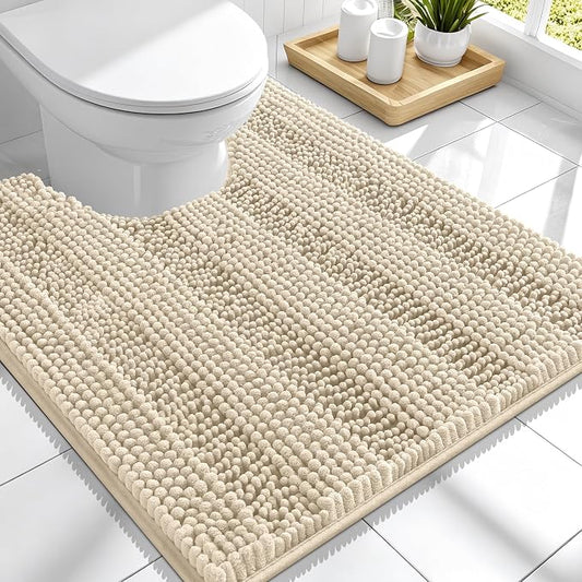 Smiry Thick Chenille Toilet Rugs U-Shaped 24x20, Absorbent Bath Mat, Sand | Soft Striped Contour Bathroom Rugs, Machine Washable, Dry Quickly, Non‑Slip, Modern Home Decor Accessories