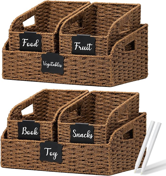 Wicker Baskets for Organizing, Pantry Baskets with Built-in Handles, Handwoven Large Storage Basket - Paper Storage Bins for Shelves, 3 Pack, Brown - 2 Set