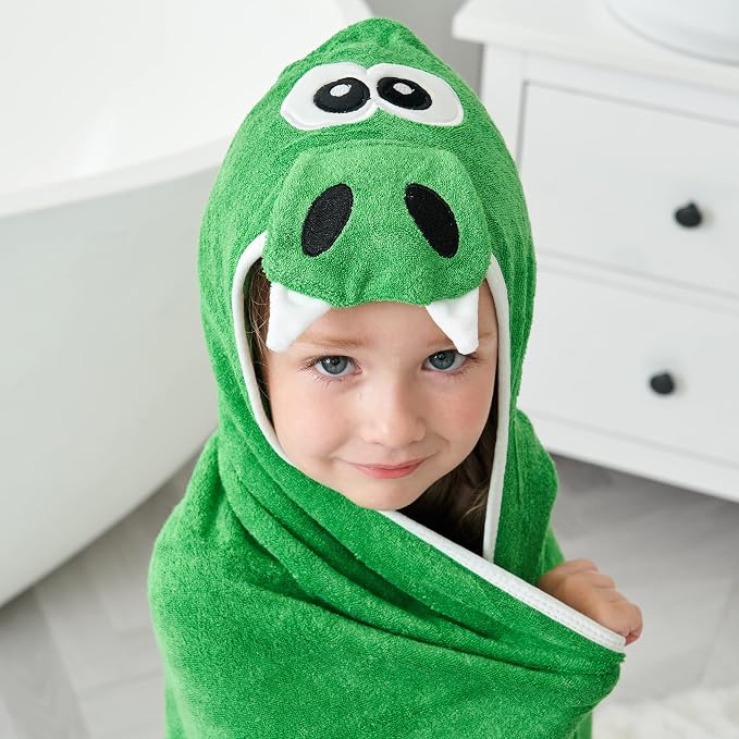 HIPHOP PANDA Ultra Soft Hooded Baby Towel - 2-Layer Thick 500GSM Absorbent | Rayon Made from Bamboo, Hooded Bath Towel for Newborn, Infant, Toddler, Baby Registry - Dinosaur, 30x30 In