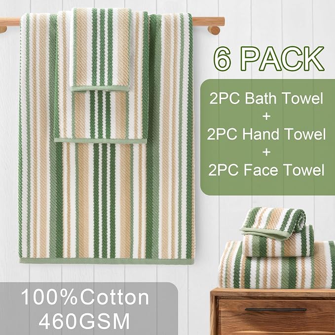 VOOVA & MOVAS Striped Towels 6 Pack, 100% Cotton, Sage Green | Daily Bathroom Use, Available in 13x13, 16x27, 28x52 In, Quick Dry, Soft, Absorbent, Bath Towels with Hanging Loops