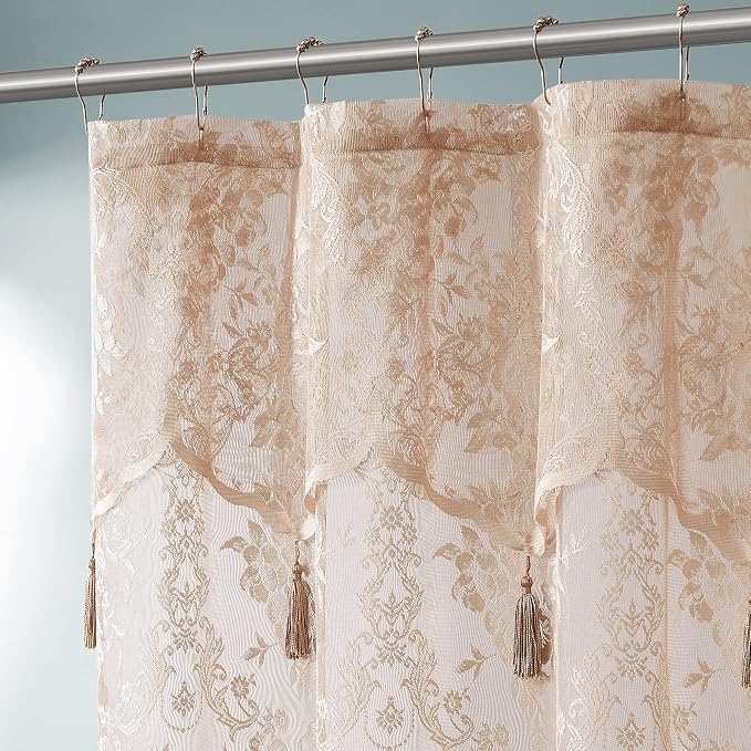 Warm Home Designs 108x72 Gold Lace Shower Curtain & Valance. LAU Linen 108 | Linen Gold Lace Shower Curtain 108 x 72 Inches with Attached Valance & Tassels. Extra Wide Luxury Farmhouse Shower Curtains