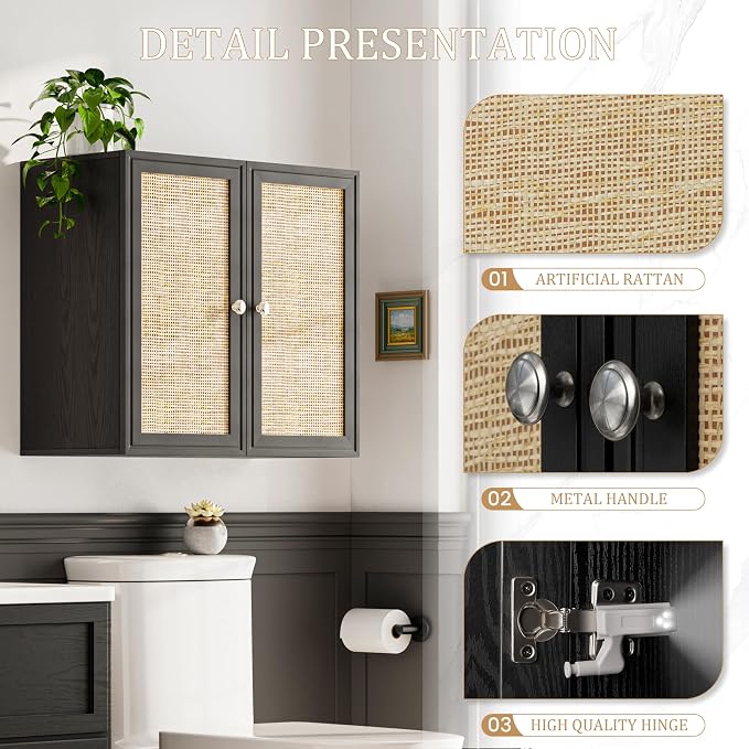 Wall Cabinet Storage-Rattan Laundry Cabinet,Kitchen Wall Mounted Cabinet with Adjustable Shelves for Laundry Room, Kitchen,Dining Room,Bathroom 24INCH X 1PCS，Black