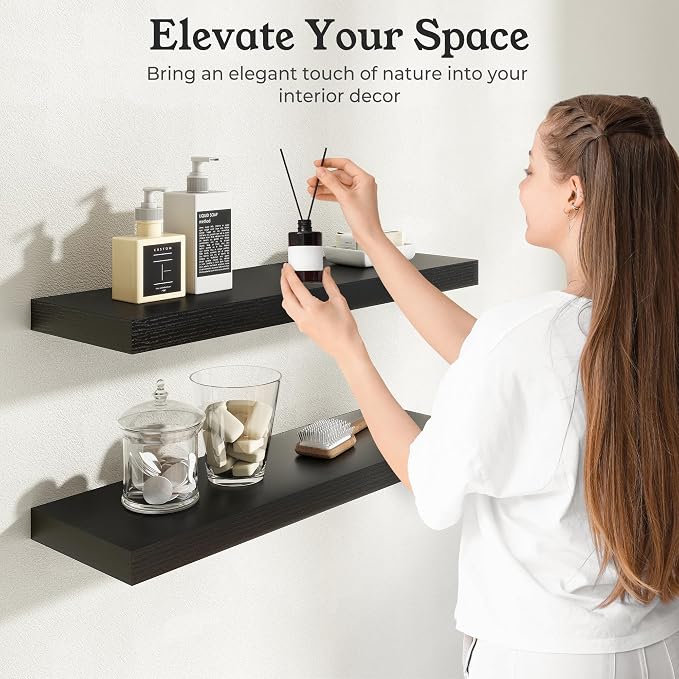 Black Floating Shelves for Wall, 7.9" Deep Wall Mounted Floating Shelves for Bedroom, for Wall, Living Room, Kitchen, for Books/Storage/Room Decor (Black, 16")