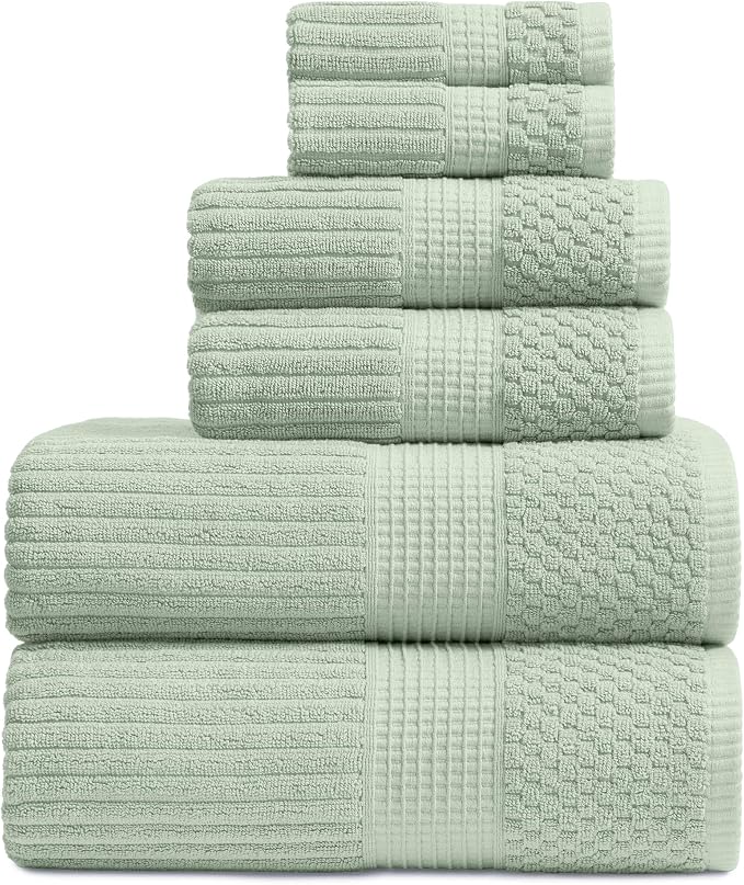 100% Cotton Bath Towel Set | 6-Piece Set | Eucalyptus | Absorbent & Quick-Dry Bathroom Towels | Textured and Durable Cotton Towels for Bathroom | OEKO-TEX | Krista Collection