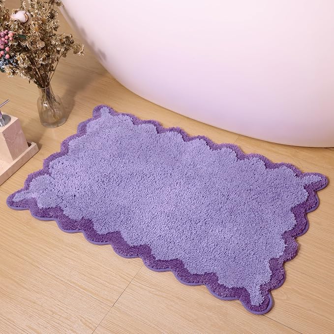 ORTIGIA Cute Purple Scalloped Bath Mat, Fun Plush Microfiber Scallop Bathroom Rugs Non Slip Washable Quick Dry Absorbent, Bath Rug Carpet for Shower Stall Vanities Kitchen Floor Entrance, 20x32