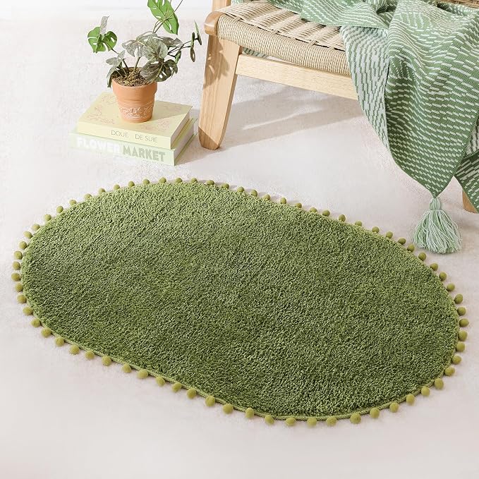 YIRDDEO Oval Rug for Bathroom, Boho Bath Mat with Pom, Olive Green, 36"x24" | Soft Plush, Absorbent, Quick Dry, Machine Washable, Non Slip Bath Mat for Bathroom Shower Floor Home Decor