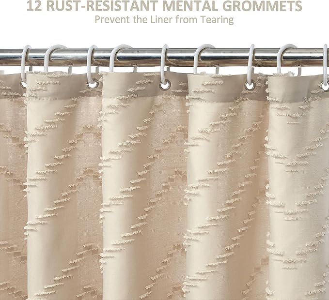 Siiluminisoy Extra Long Beige Boho Shower Curtain with Tassel, Woven Fabric 90 in, Tufted Chevron Striped, 72 x 90, Modern Chic Textured Minimalist Bathroom