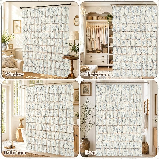 Extra Long Farmhouse Ruffle Shower Curtains with Blue Floral, 72"Wx90"L | French Country Vintage Rustic Washable Waterproof Shower Curtain for Bathroom Bathtub, 12 Metal Hooks
