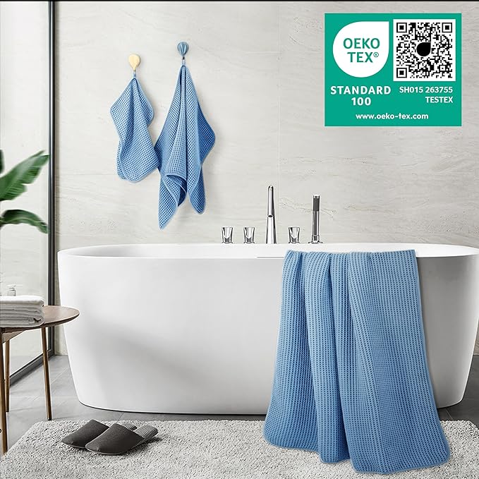 POLYTE 430 GSM Poly Blend Microfiber Quick Dry Waffle Bath Towel Set of 6 | 2-Body Towels, 2-Hand Towels, 2-Wash cloths, Oversize, Lint Free