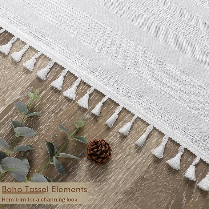 White Shower Curtain 78 Inch Long, Boho Farmhouse Thick Striped Fabric Hotel Shower Curtain with Tassel, Minimalist Textured Weighted Machine Washable Bathroom Decor, 72Wx78L Inches