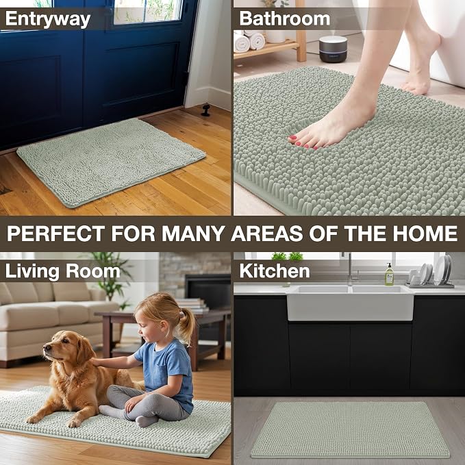 Neater Home Plush Bathroom Rugs 36x24 Thick Chenille Quick Dry Microfiber Absorbent Bath Mat, Soft Bath Rugs, Machine Washable Bathroom Floor Mat for Tub Shower Sink, Home Decor Accessories, Green