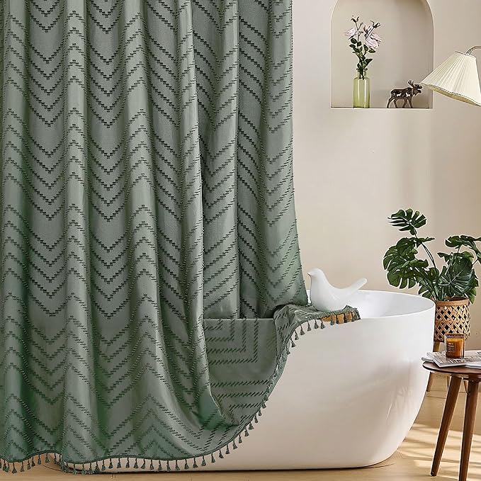 Siiluminisoy Boho Extra Long Sage Green Shower Curtain with Tassel, Woven Fabric, Tufted Chevron Striped, 72 x 78, Modern Chic Textured Minimalist