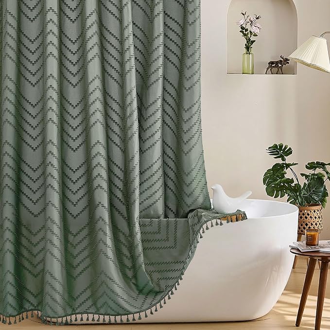 Siiluminisoy Sage Green Shower Curtain for Bathroom Boho Shower Curtain | Cloth Textured Tufted Chevron Elegant Shower Curtains Waterproof for Bathroom 72" x 72"