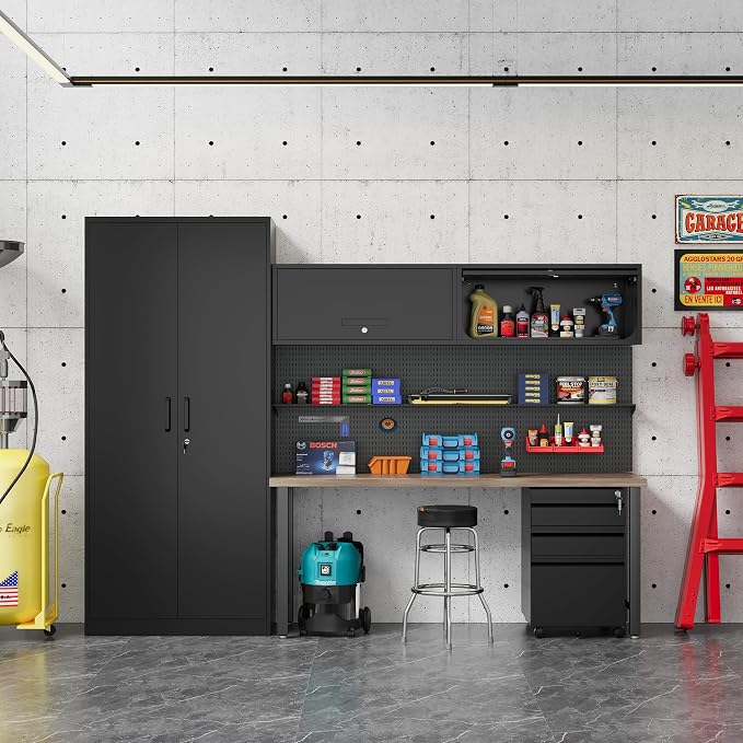 Fesbos Metal Storage Cabinet Black Wall Cabinets with Locking Door - Wall Mounted Storage Cabinet for Garage Warehouse Home Office - Assembly Required
