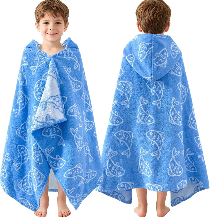 VOOVA & MOVAS Kids Hooded Towel, 3-6 Years, 100% Cotton, Blue Fish | Cute Fish Jacquard Print, Fast Dry Performance, Excellent Absorbency, Ideal for Daily Bath and Outdoor Water Activities