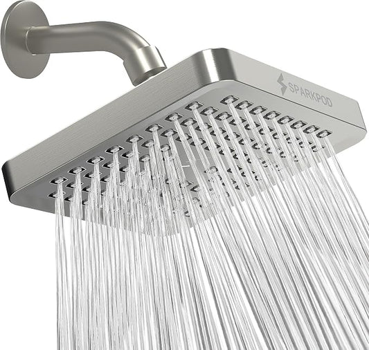 SparkPod Rain Shower Head, 6 Inch Square, Elegant Brushed Nickel Finish | High Pressure Shower Heads, 90 Nozzles, Adjustable Showerhead, No Tools Needed, Universal Connection