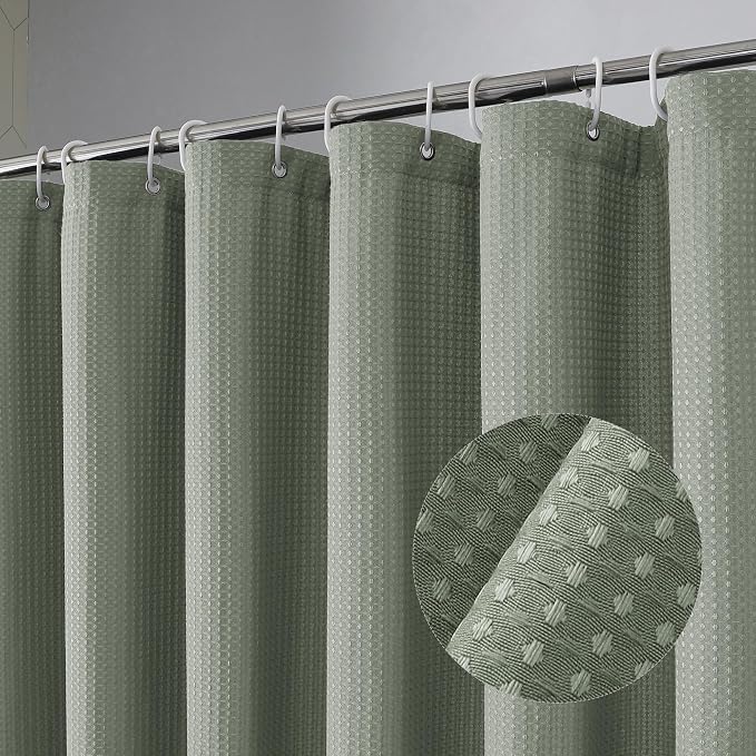 Long Fabric Shower Curtain Set, Waffle Textured Shower Curtain for Bathroom - Weight 230GSM Heavy Duty Hotel Spa Luxury Bath Curtain Set with 12 Plastic Hooks, 72x78, Sage Green
