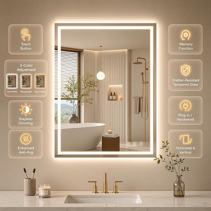 36"x36" LED Bathroom Mirror with Lights | Frontlit & Backlit Anti-Fog Mirror, Dimmable 3 Color Temperature with Memory Function & HD Shatter-Proof Tempered Glass