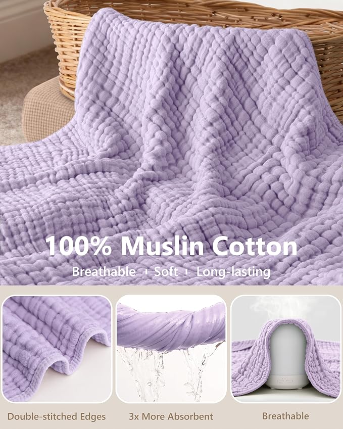 Baby Bath Towels, 100% Muslin Cotton Hooded Baby Towels for Newborn, 2 Pack Baby Towels with Hood for Infant Toddler and Kids, Large 32x32Inch Bath Essentials, Soft and Absorbent